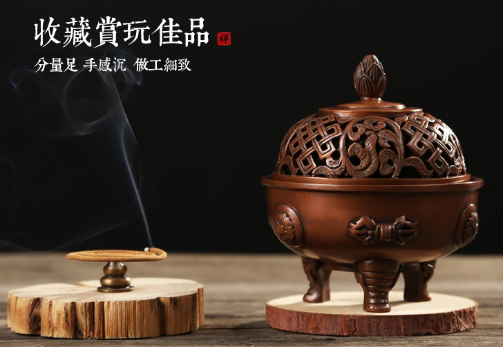 吉祥蓮花三足香爐，仿古紫銅熏香爐