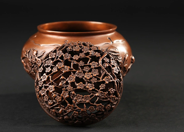 四季花卉香爐，鏤空仿古紫銅熏香爐