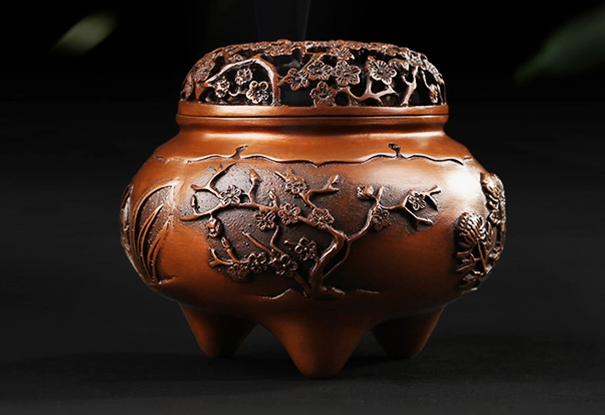 四季花卉香爐，鏤空仿古紫銅熏香爐