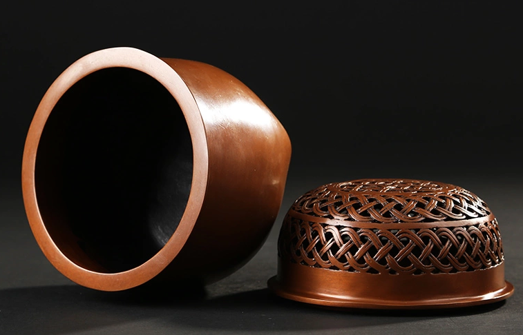 藤編紫銅香爐，仿古印章純銅熏香爐