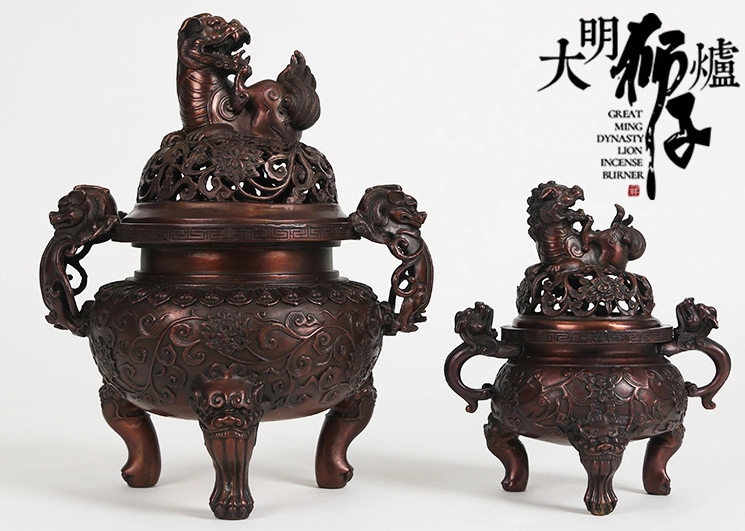 大明獅子紫銅香爐，仿古宣德熏香爐