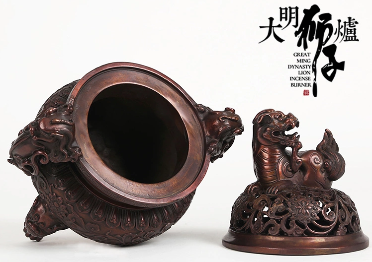 大明獅子紫銅香爐，仿古宣德熏香爐