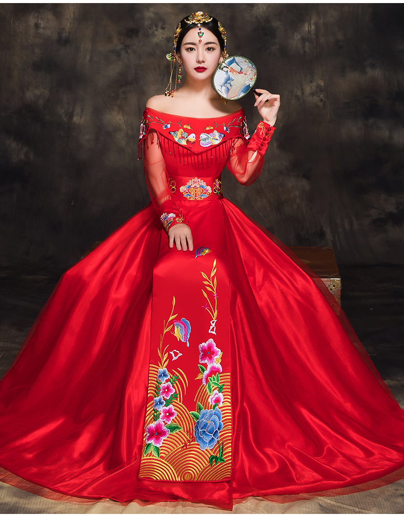 時(shí)尚家佳樂文學(xué)新娘禮服，一字肩中式結(jié)婚禮服