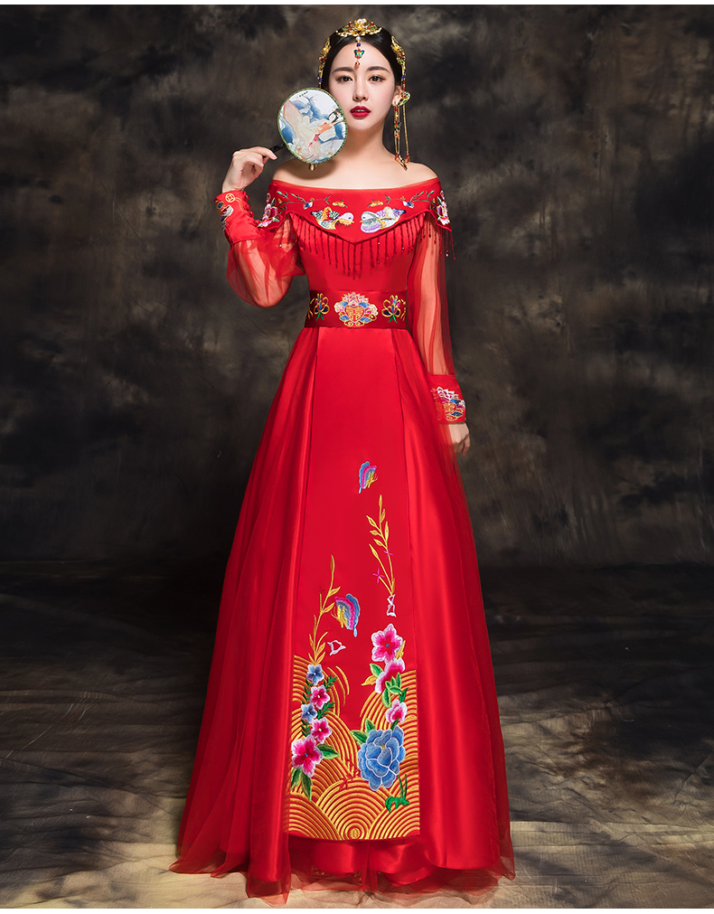 時(shí)尚家佳樂文學(xué)新娘禮服，一字肩中式結(jié)婚禮服