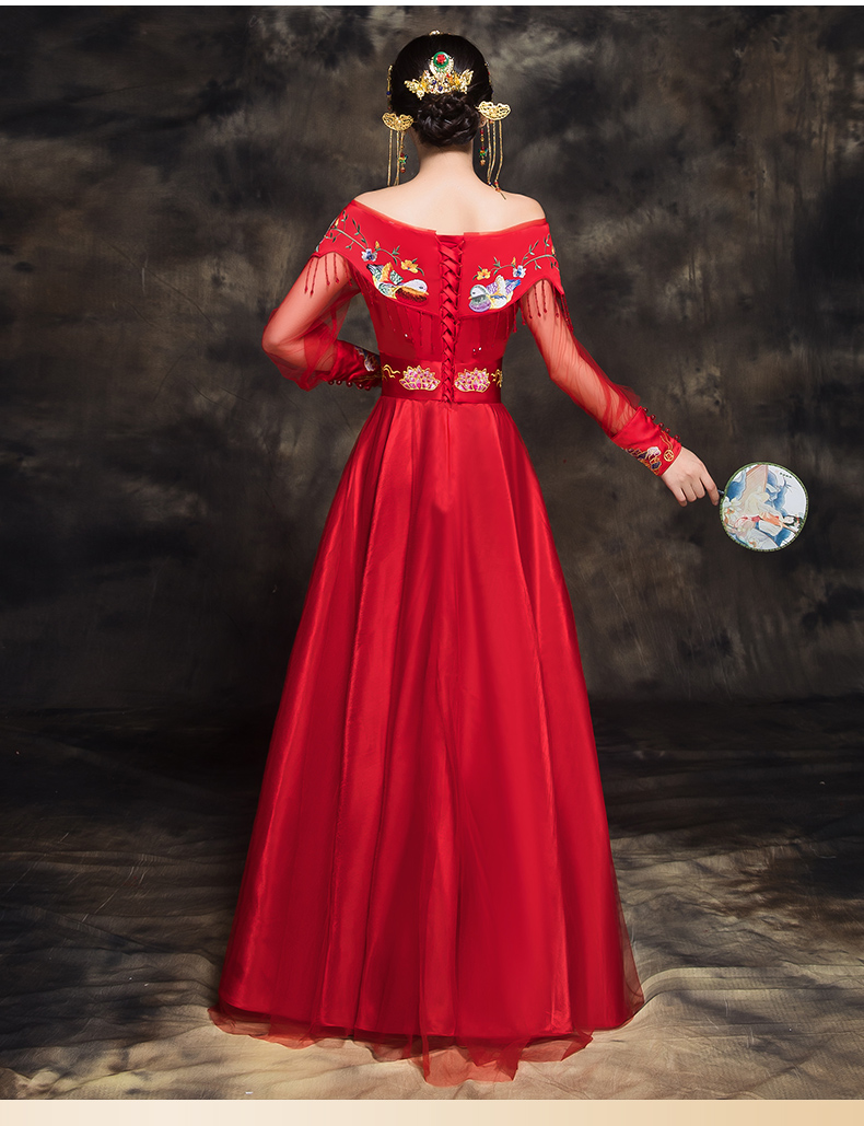 時(shí)尚家佳樂文學(xué)新娘禮服，一字肩中式結(jié)婚禮服