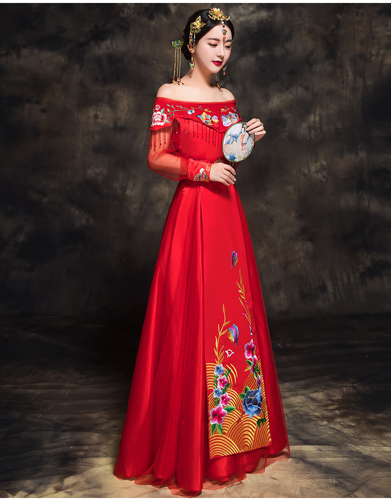 時(shí)尚家佳樂文學(xué)新娘禮服，一字肩中式結(jié)婚禮服