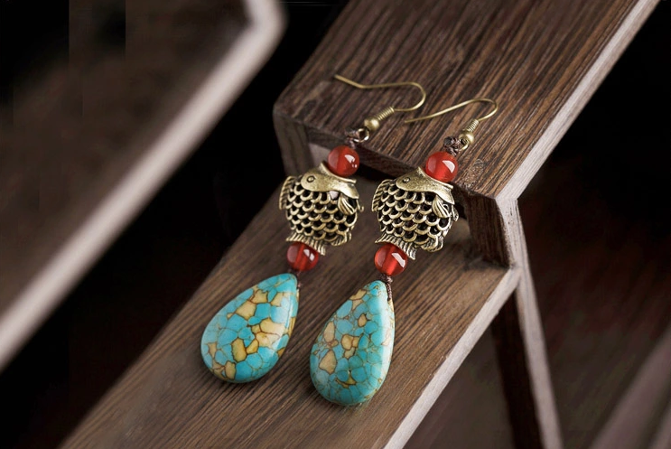 魚水滴形松石耳環(huán)，古典復(fù)古風(fēng)首飾