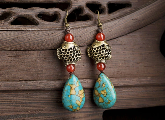 魚水滴形松石耳環(huán)，古典復(fù)古風(fēng)首飾