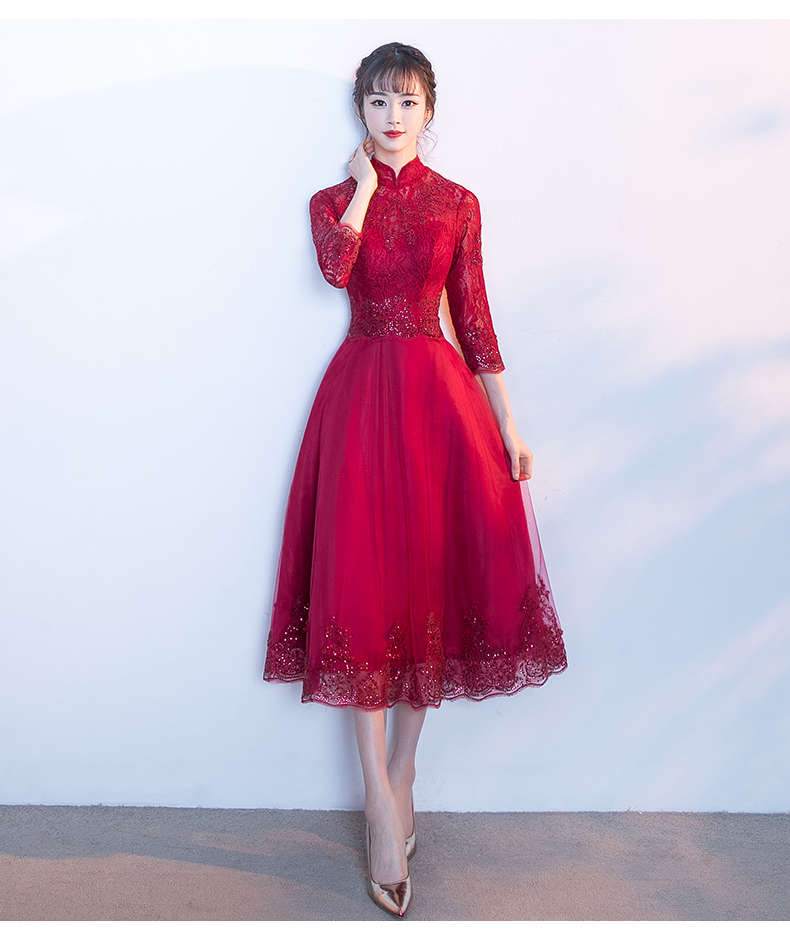 家佳樂文學(xué)紅色中式禮服，長袖修身晚禮服