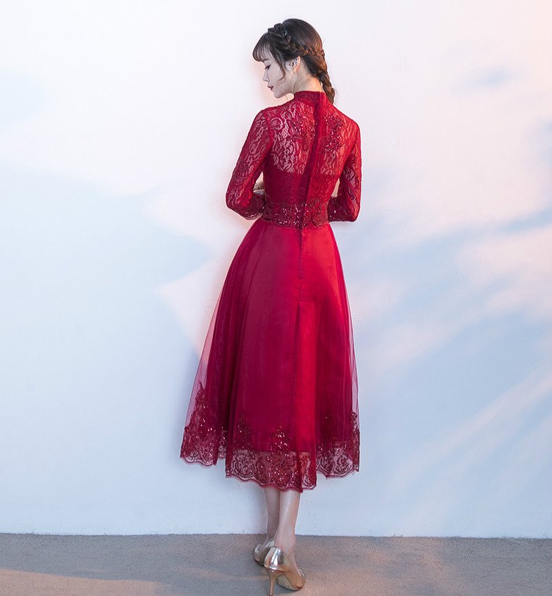 家佳樂文學(xué)紅色中式禮服，長袖修身晚禮服