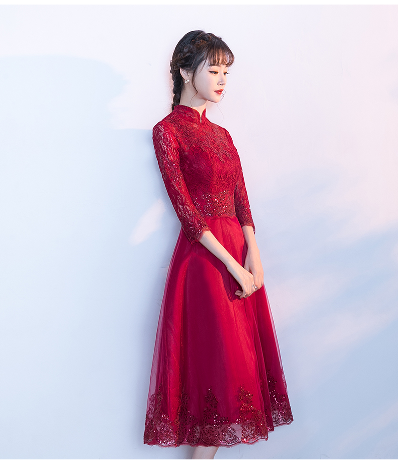 家佳樂文學(xué)紅色中式禮服，長袖修身晚禮服