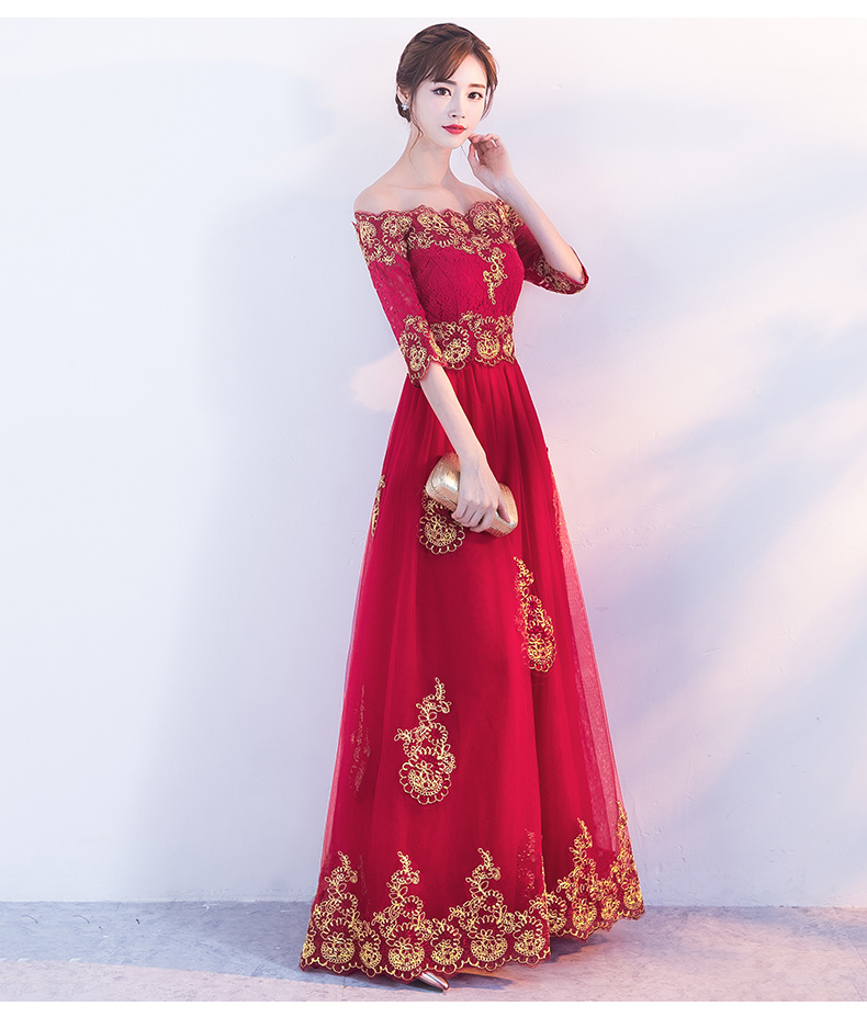 時尚一字肩中式禮服，紅色復古蕾絲晚禮服