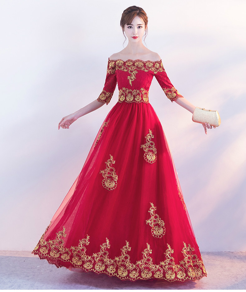 時尚一字肩中式禮服，紅色復古蕾絲晚禮服