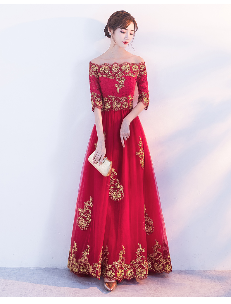 時尚一字肩中式禮服，紅色復古蕾絲晚禮服