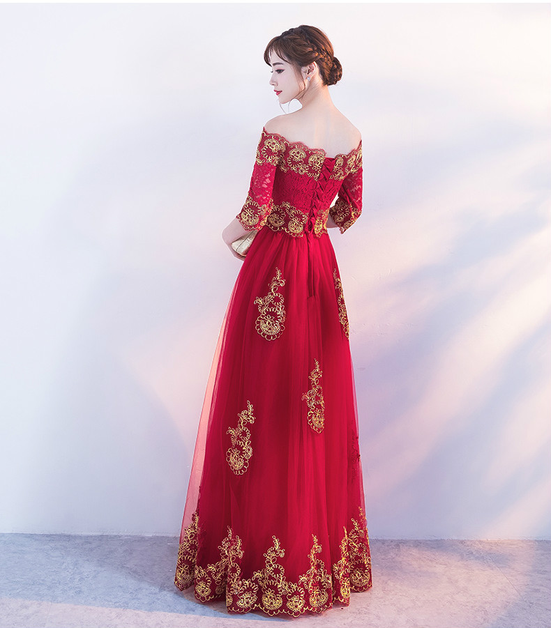 時尚一字肩中式禮服，紅色復古蕾絲晚禮服