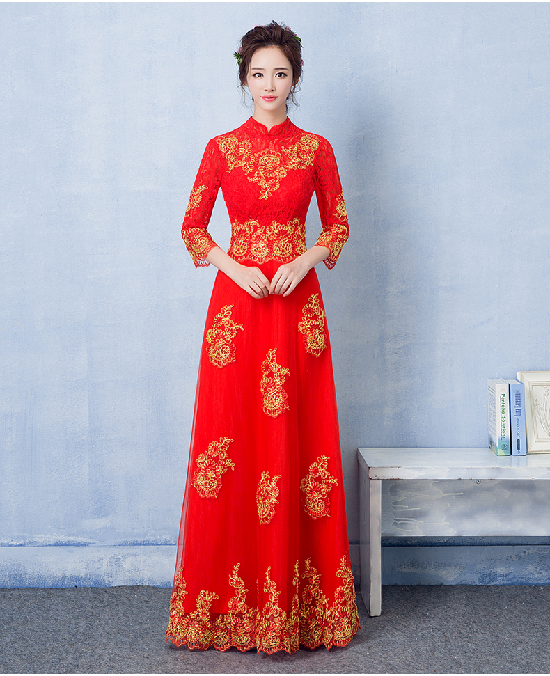 家佳樂文學蕾絲刺繡中式禮服，紅色復古新娘晚禮服