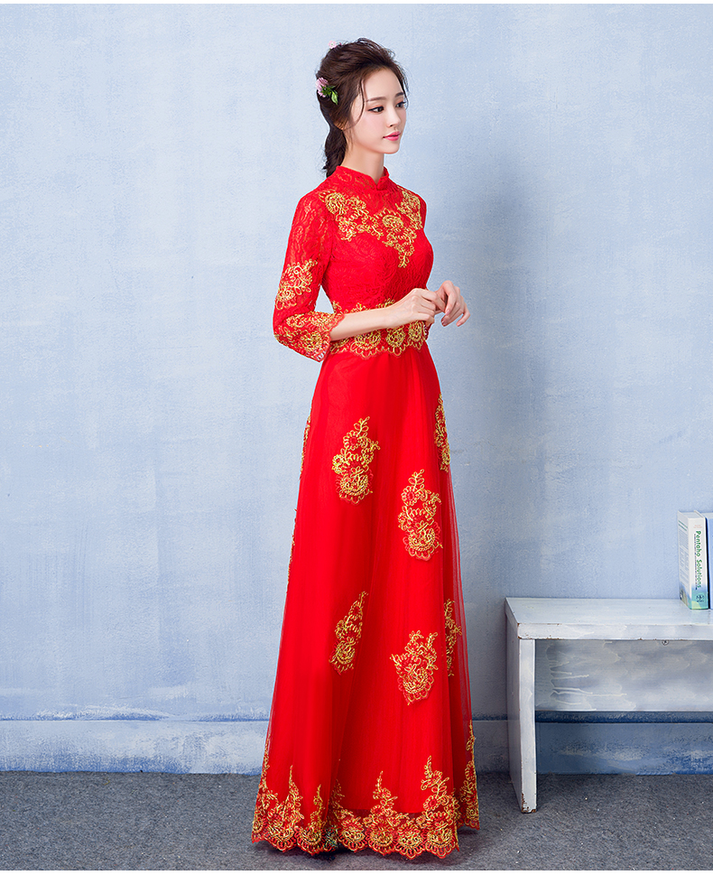 家佳樂文學蕾絲刺繡中式禮服，紅色復古新娘晚禮服