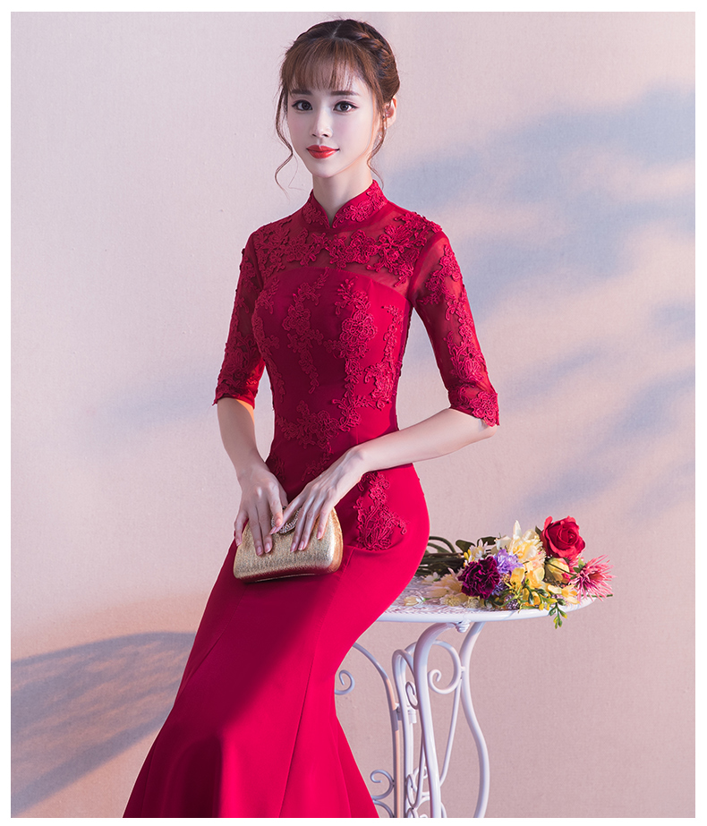 時(shí)尚家佳樂文學(xué)中式禮服，紅色蕾絲花朵魚尾晚禮服