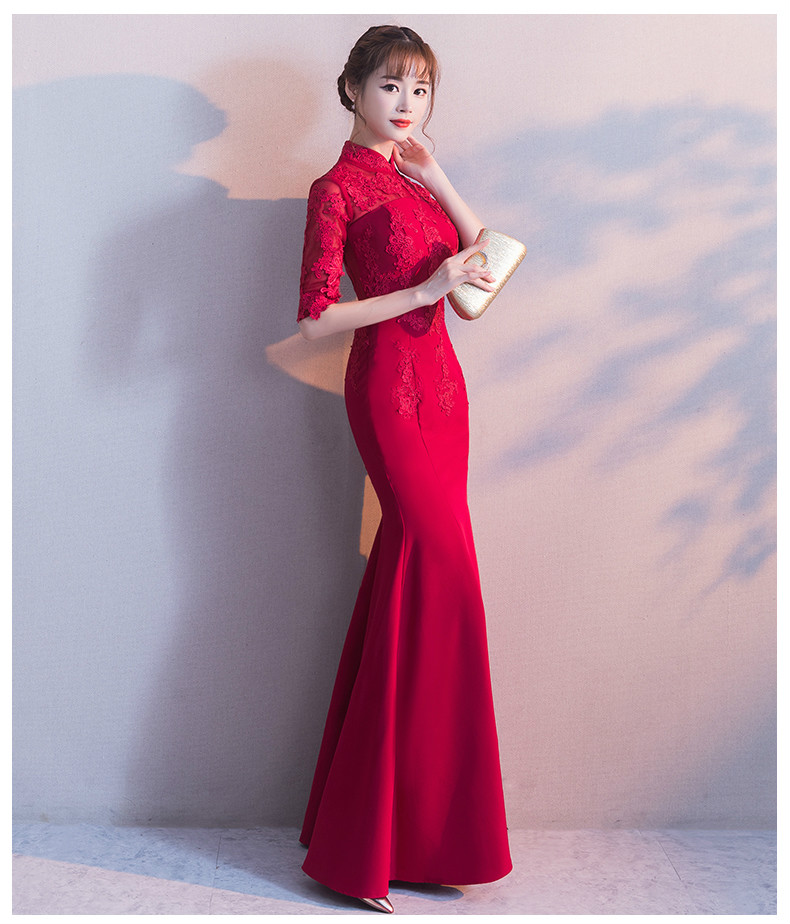 時(shí)尚家佳樂文學(xué)中式禮服，紅色蕾絲花朵魚尾晚禮服