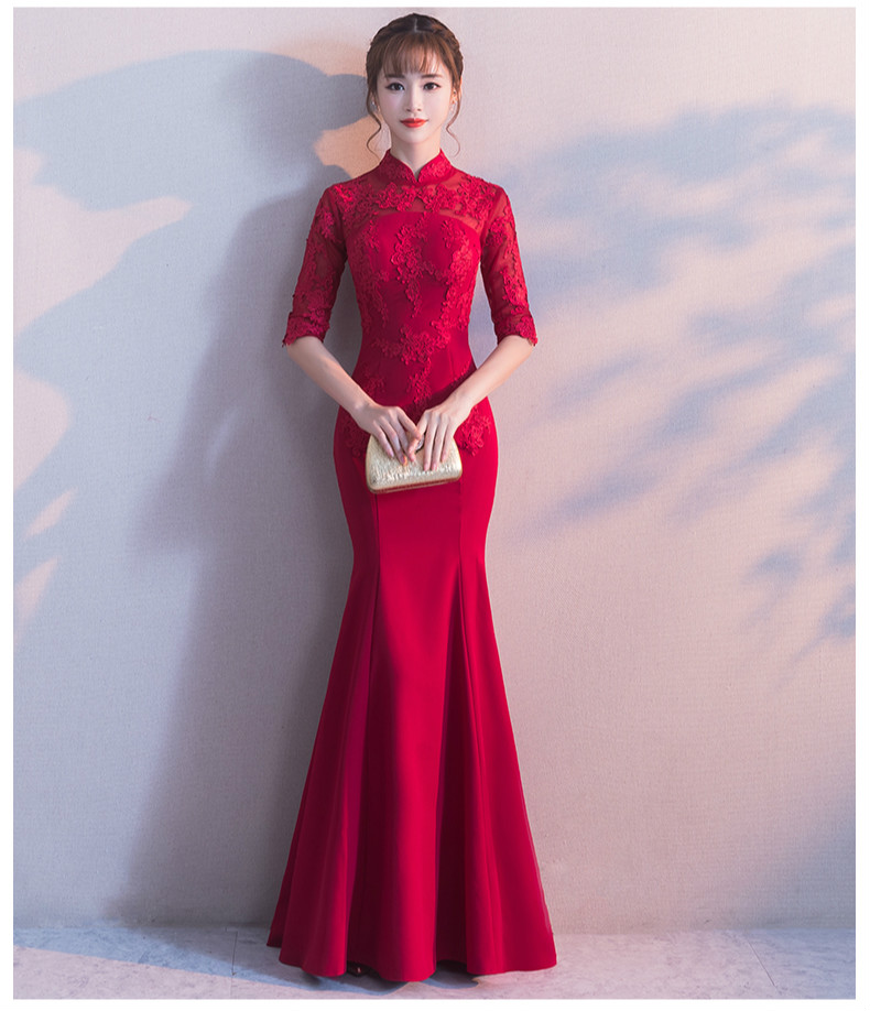 時(shí)尚家佳樂文學(xué)中式禮服，紅色蕾絲花朵魚尾晚禮服