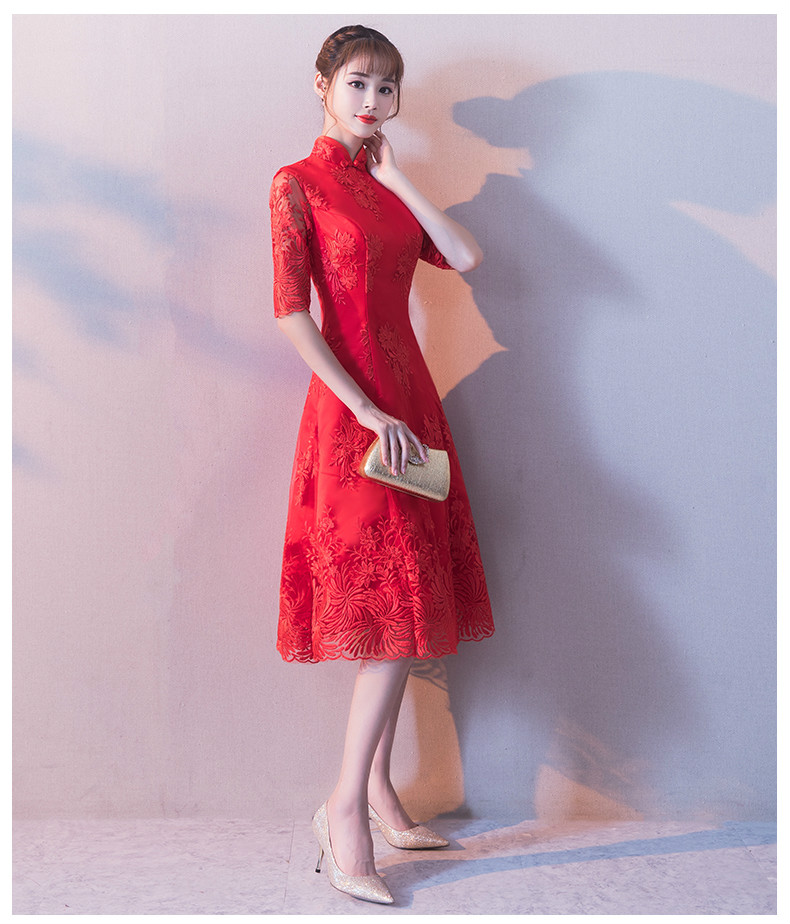 中袖立領(lǐng)中式禮服，復(fù)古家佳樂文學(xué)紅色晚禮服