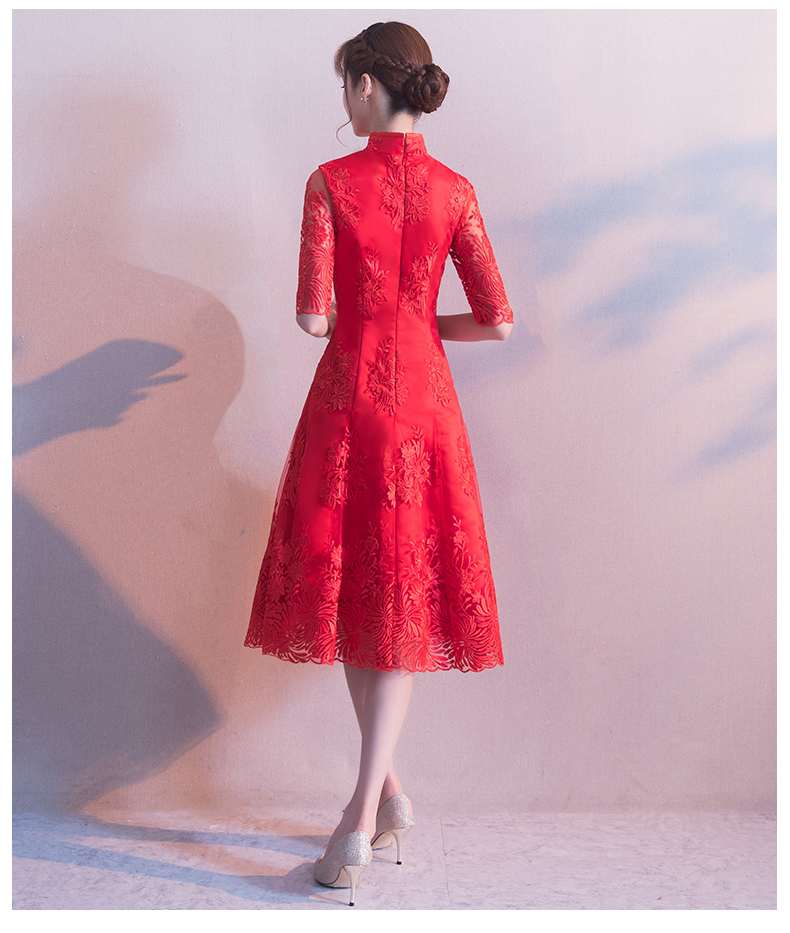 中袖立領(lǐng)中式禮服，復(fù)古家佳樂文學(xué)紅色晚禮服