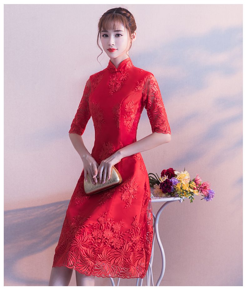 中袖立領(lǐng)中式禮服，復(fù)古家佳樂文學(xué)紅色晚禮服