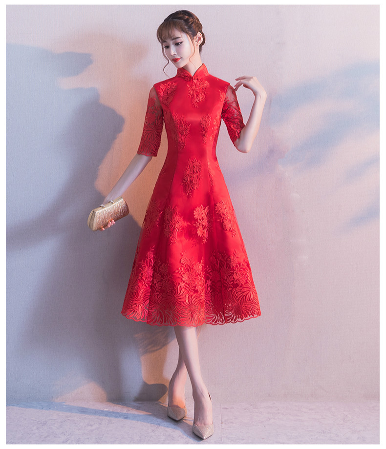 中袖立領(lǐng)中式禮服，復(fù)古家佳樂文學(xué)紅色晚禮服