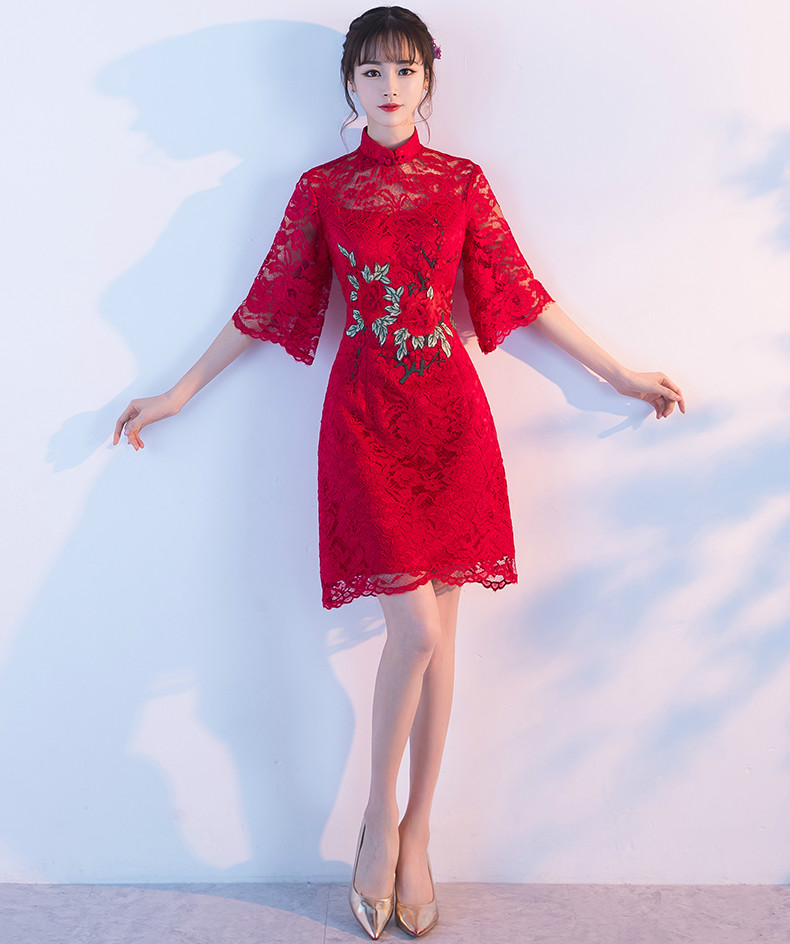 復(fù)古蕾絲敬酒服，紅色花朵中式禮服