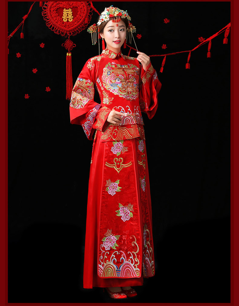 古典家佳樂文學(xué)中式禮服，紅色結(jié)婚新娘禮服