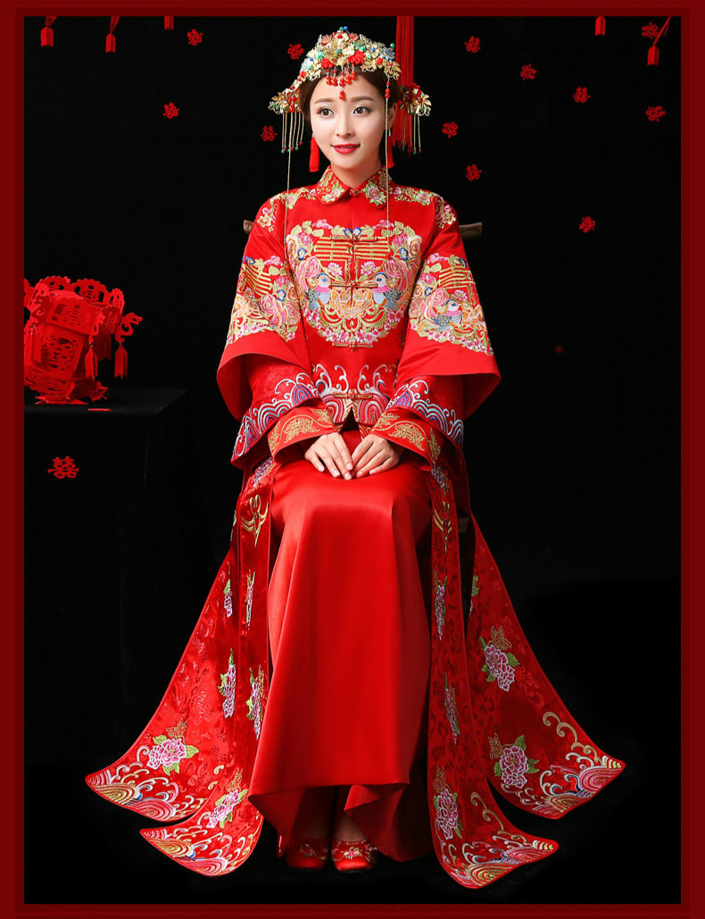 古典家佳樂文學(xué)中式禮服，紅色結(jié)婚新娘禮服