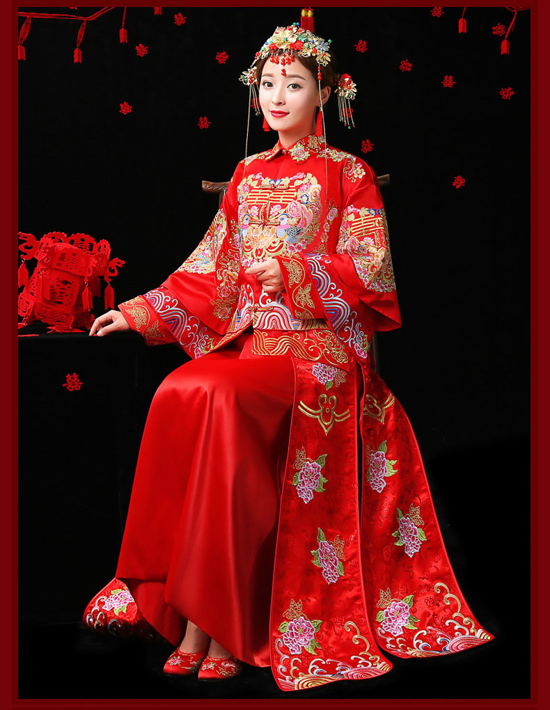 古典家佳樂文學(xué)中式禮服，紅色結(jié)婚新娘禮服