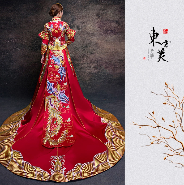 奢華大拖尾中式禮服，古典中式新娘禮服嫁衣