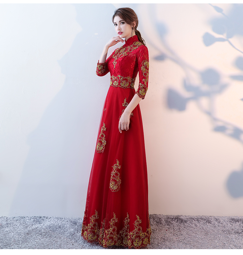 端莊典雅中式禮服，紅色蕾絲長款晚禮服