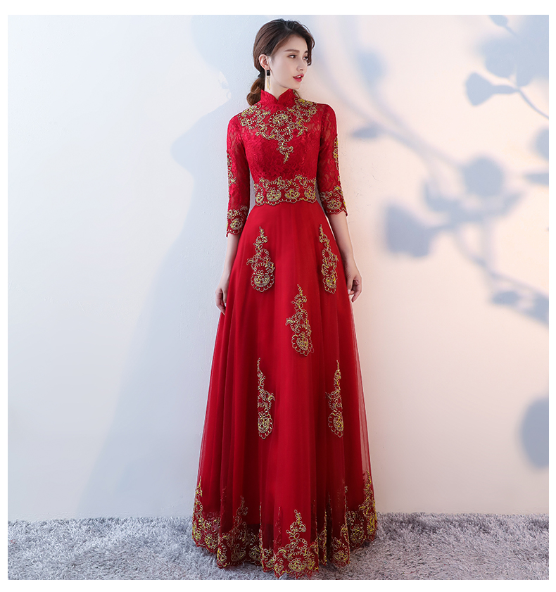 端莊典雅中式禮服，紅色蕾絲長款晚禮服