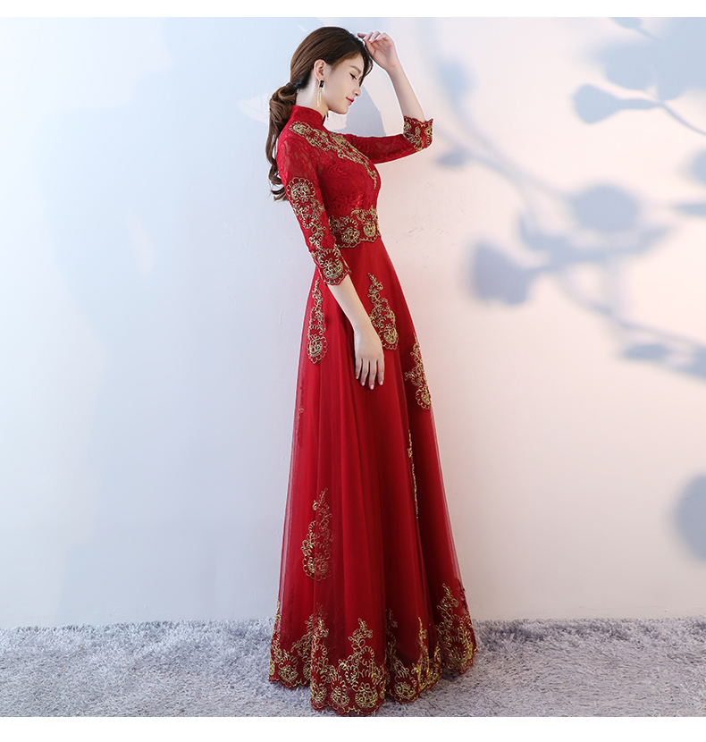 端莊典雅中式禮服，紅色蕾絲長款晚禮服