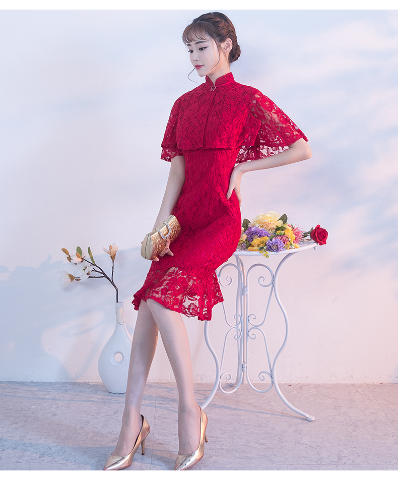 蕾絲披肩中式禮服，時尚荷葉邊魚尾裙晚禮服