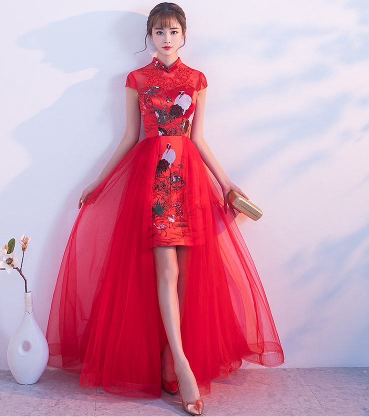 家佳樂文學(xué)紅色蕾絲中式禮服，時尚古典仙鶴晚禮服