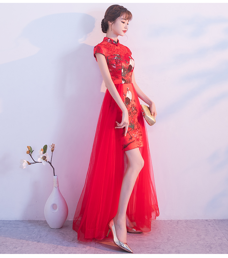 家佳樂文學(xué)紅色蕾絲中式禮服，時尚古典仙鶴晚禮服