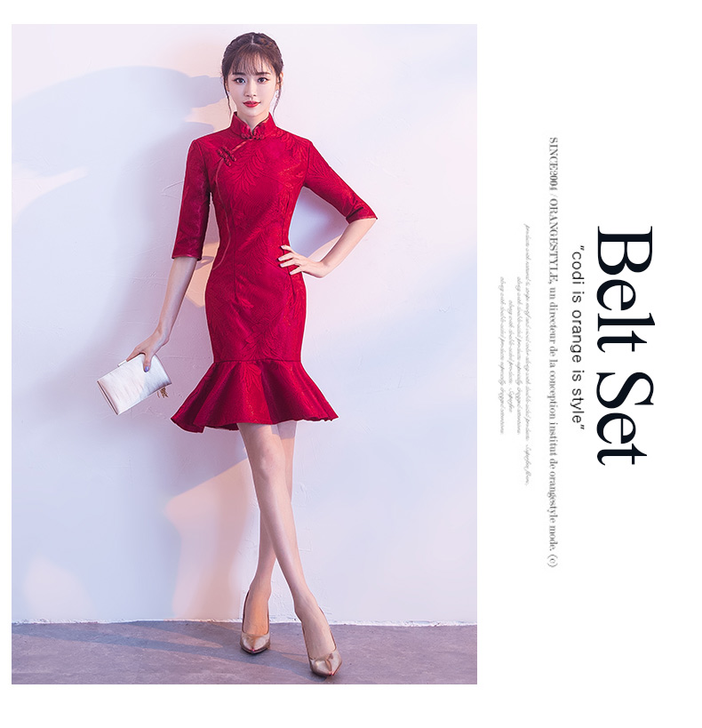 家佳樂文學(xué)復(fù)古花紋中式禮服，時(shí)尚優(yōu)雅魚尾晚禮服