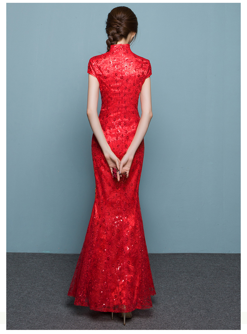 家佳樂文學(xué)魚尾中式禮服，紅色蕾絲繡花晚禮服