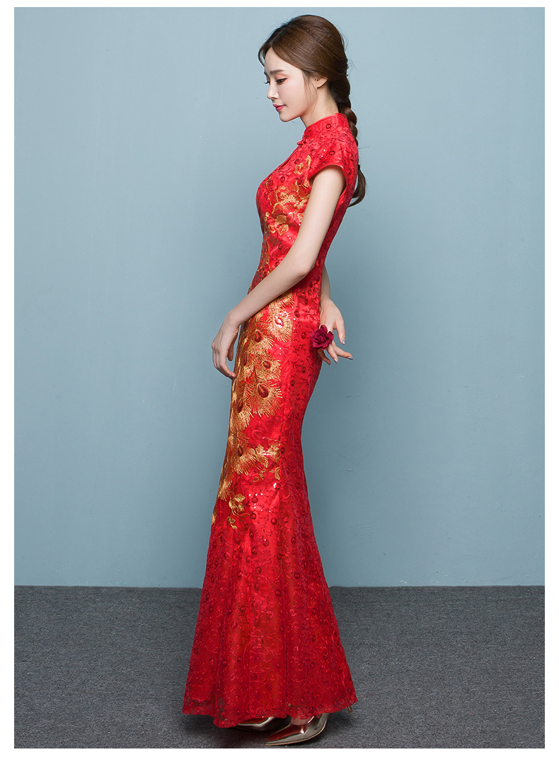 家佳樂文學(xué)魚尾中式禮服，紅色蕾絲繡花晚禮服