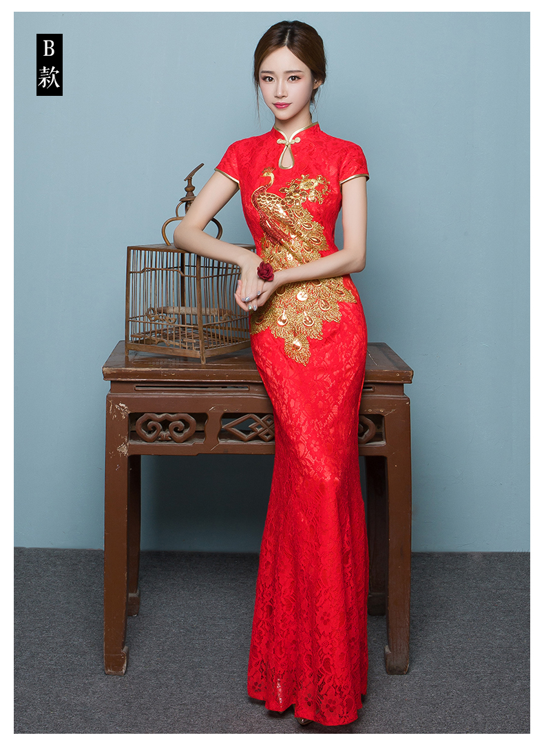 家佳樂文學(xué)魚尾中式禮服，孔雀繡花晚禮服