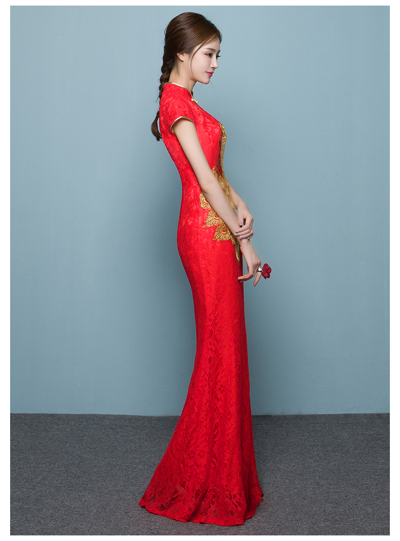 家佳樂文學(xué)魚尾中式禮服，孔雀繡花晚禮服