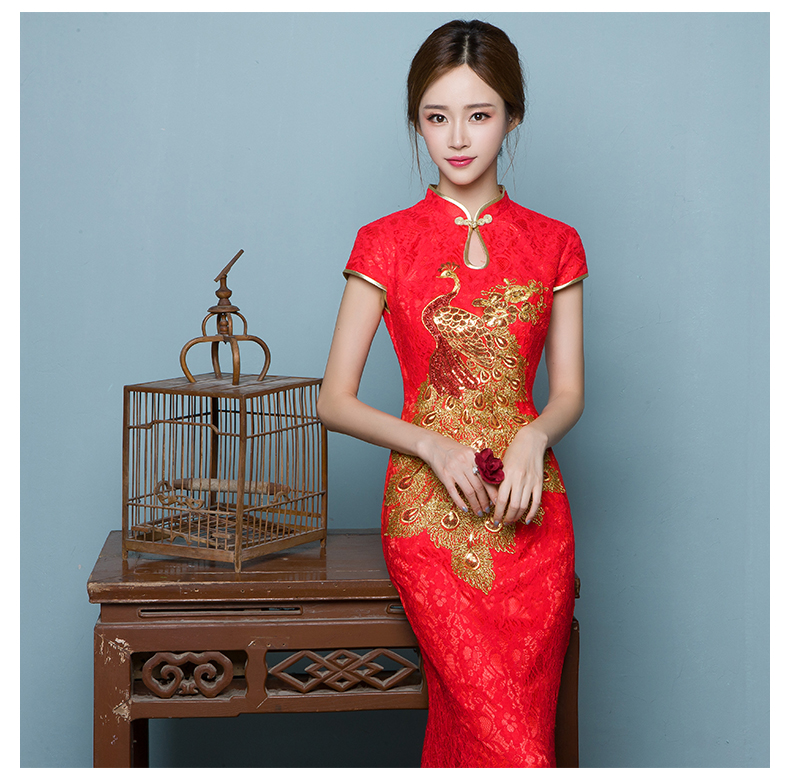 家佳樂文學(xué)魚尾中式禮服，孔雀繡花晚禮服