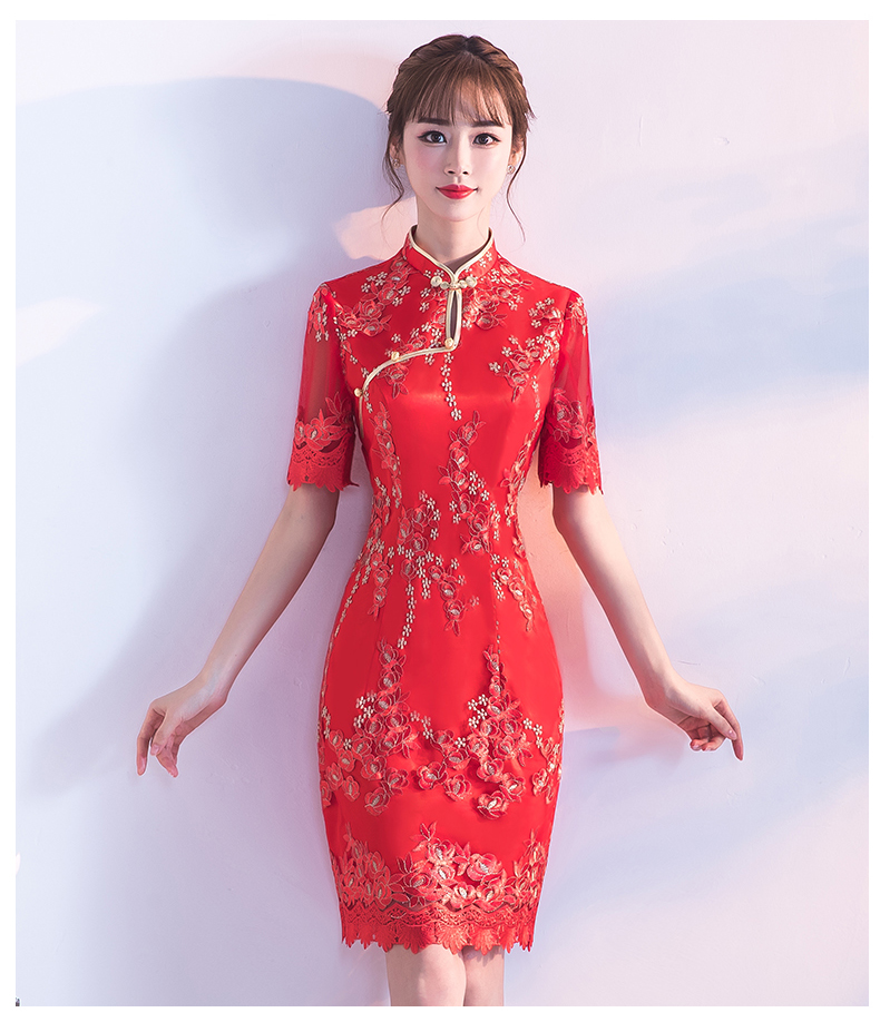 典雅復(fù)古唯美中式禮服，短款奢華中式繡花旗袍