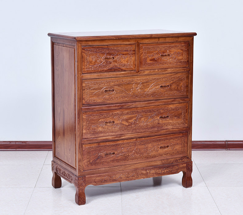 古典雕花五斗柜，仿古花梨木中式柜子