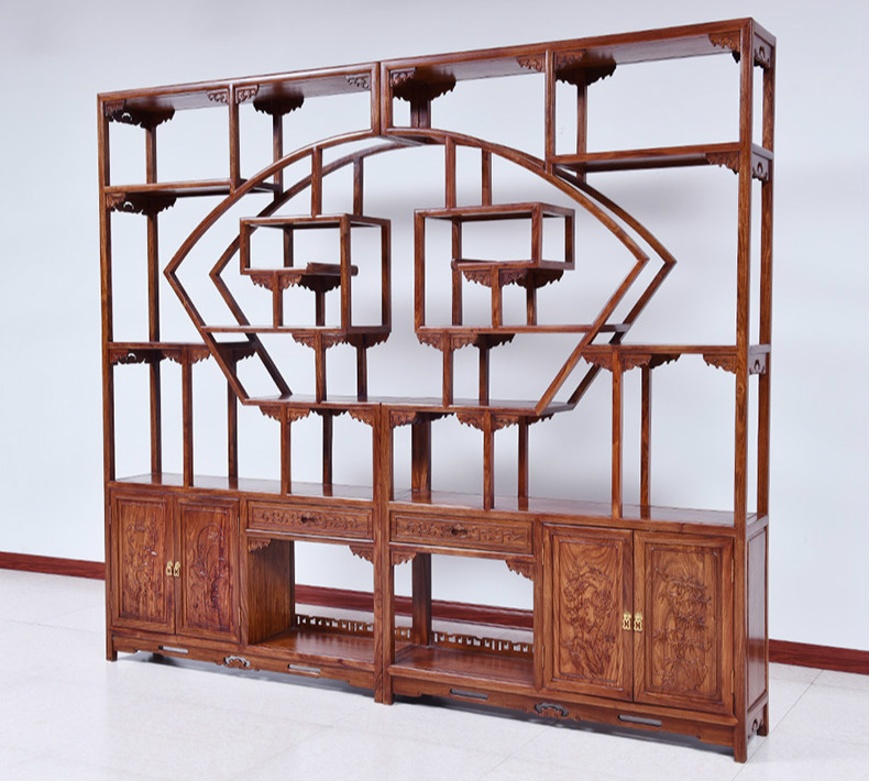 紅實木中式博古架，仿古實木雕花博古架