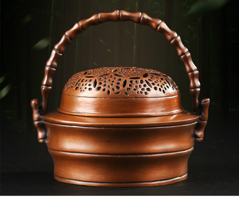 紫銅竹節(jié)手爐，仿古鏤空熏香爐