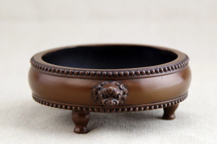 紫銅獅首耳鼓式香爐，簡約無蓋熏香爐